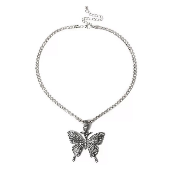 Silver Tone Black Butterfly Rhinestone Necklace - Picture 2 of 3